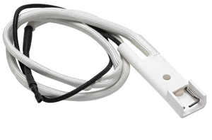 White ceramic igniter with attached insulated wires, used for gas appliances. Compact, durable design for easy installation.