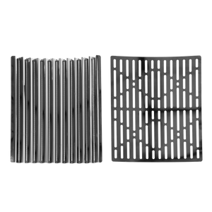 Silver metal grates with vertical slats and perforated patterns.