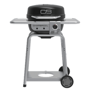 Portable gas grill with black lid, silver body, side shelves, control knob, and wheels for easy mobility.