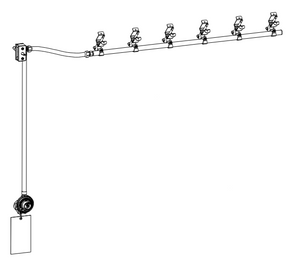 Wall-mounted metal rack with six adjustable clamps and a hanging tag. Ideal for organizing tools or equipment.