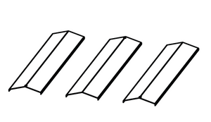 Three metal angle brackets, each with a right-angle bend and flat surfaces, shown in a row on a white background.