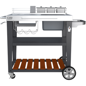 Char-Broil prep cart with stainless steel top, storage bins, utensil hooks, wine rack, and lower wooden shelf.