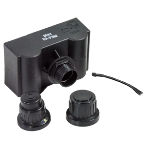 Black plastic DHLG-5A valve with two caps and a tethered handle.
