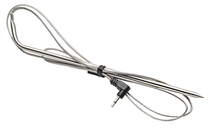Stainless steel meat thermometer probe with braided cable and 3.5mm jack connector, coiled for storage.