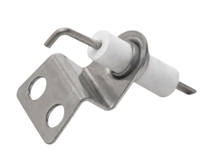 Metal and ceramic furnace igniter with two mounting holes and angled electrode, used for gas appliance ignition.