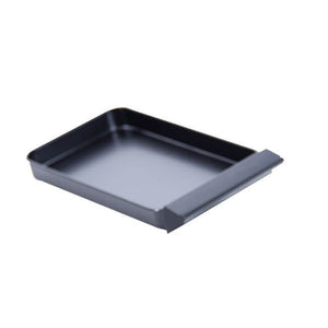 Black non-stick square baking tray with raised edges and a wide front lip for easy handling.