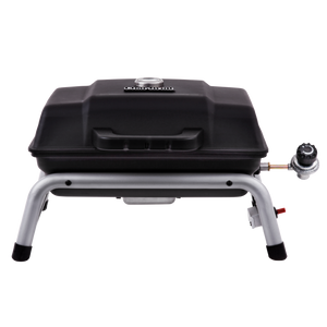 Black portable gas grill with silver frame and control knob.