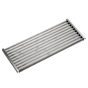Stainless steel grill grate with parallel bars and perforations, ideal for even heat distribution and grilling.