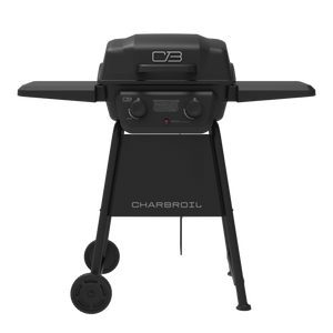 Char-Broil black gas grill with two burners, side shelves, and wheels for easy mobility.