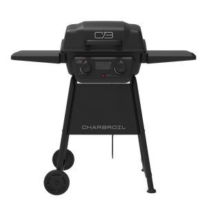Black Char-Broil electric grill with control knobs and side shelves.
