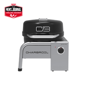 Black Char-Broil Bistro Pro electric grill with charcoal mode.