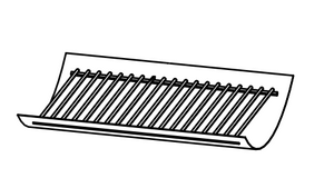 Metal dish rack with parallel slots and a curved drip tray underneath, designed for drying plates and utensils.