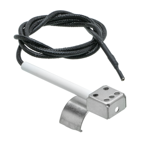 Pipe-mounted temperature sensor with metal clamp, white probe, and braided black cable for secure installation.