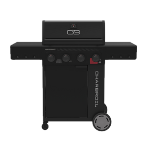 Black Char-Broil Performance Series gas grill with four burners and side shelf.