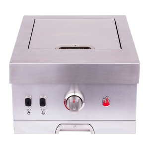 Stainless steel countertop gas grill with control knobs and flame indicator.