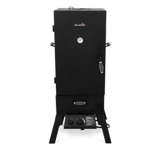 Black Char-Broil electric smoker with temperature gauge and control knobs.