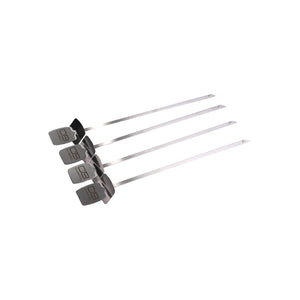 Silver metal skewers with "03" branding, set of four.