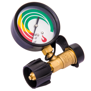 Gold and black pressure gauge with temperature scale and flame indicator.