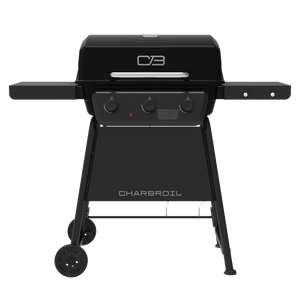 Black Char-Broil gas grill with three control knobs and wheels.