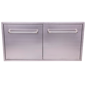 Stainless steel double drawer storage unit with handles.