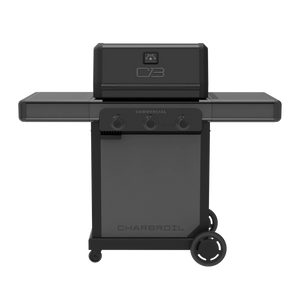 Black Char-Broil Commercial gas grill with three control knobs and wheels.
