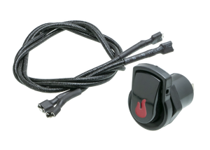Black rocker switch with red power icon and attached braided wiring, suitable for automotive or electronic use.