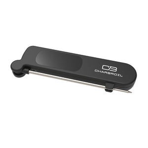 Black digital meat thermometer with foldable stainless steel probe and Char-Broil logo on top. Compact and portable design.