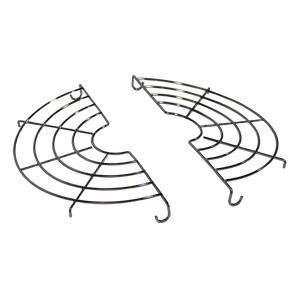 Two semi-circular metal cooling racks with hooks, designed for round cakes or baked goods. Silver finish.