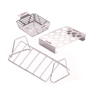 Silver Char-Broil accessories: basket, grill grate, and bottle holder.