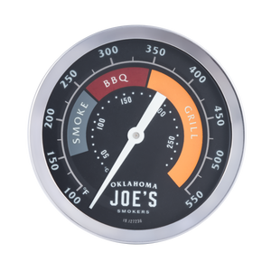 Round BBQ smoker thermometer with clear smoke, BBQ, and grill zones. Black face, white numbers, silver rim.