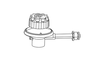 Line drawing of a gas regulator with a round knob and connector arm, used for controlling gas flow in appliances.