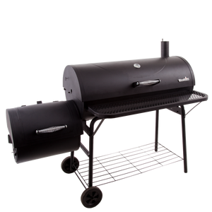 Char-Broil offset smoker grill with side firebox, front shelf, and bottom storage rack, designed for outdoor cooking.