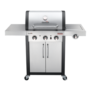 Stainless steel Char-Broil gas grill with three burners, side burner, storage cabinet, and temperature gauge.