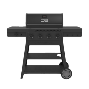 Black Char-Broil Performance Series gas grill with four burners and wheels.