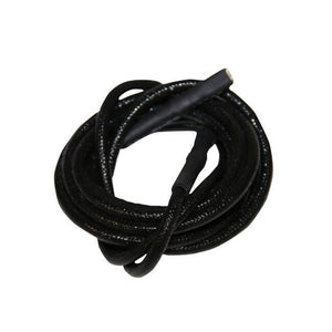 Coiled black braided cable with reinforced ends, suitable for electronics or audio connections.