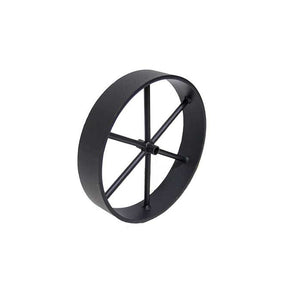 Black plastic wheel with six spokes, round rim, and central hub. Ideal for carts or robotics. Lightweight and durable design.