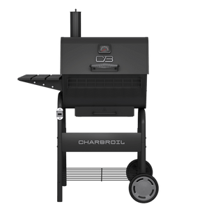Front view of a Char-Broil charcoal grill with side shelf, temperature gauge, and two wheels for easy mobility.