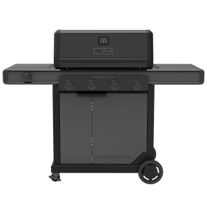 Black Char-Broil Commercial Series gas grill with four burners and side shelves.