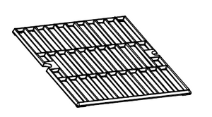 Metal grill grate with parallel bars and two notches, rectangular shape, used for cooking or grilling food.
