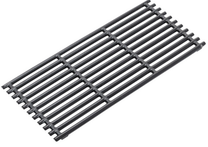 Rectangular black metal grill grate with parallel bars, ideal for grilling food evenly on a barbecue.