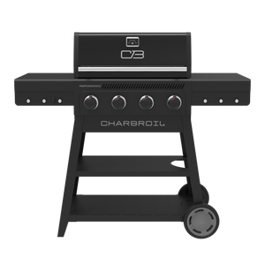 Black Char-Broil Performance Series gas grill with four control knobs and wheels.
