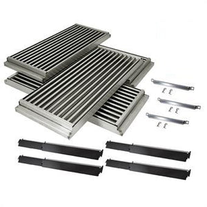 Stainless steel grill grates and mounting brackets for outdoor cooking.