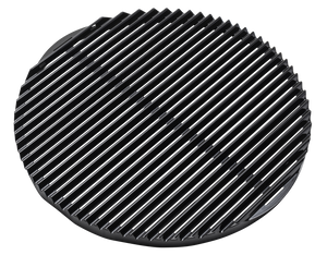 Round black grill pan insert with raised diagonal ridges for grilling. Non-stick surface, ADA-friendly design.