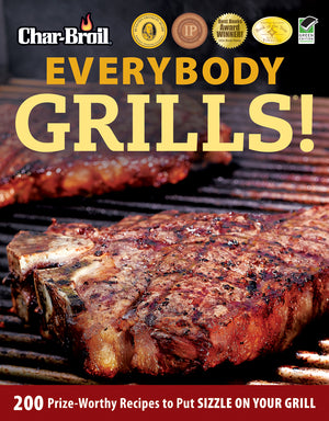 "Char-Broil cookbook cover with grilled steak, titled