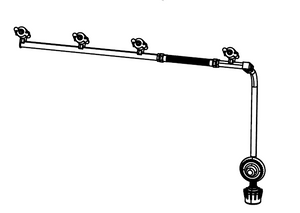 Adjustable garden sprinkler with four spray nozzles on a horizontal bar, attached to a hose connector.