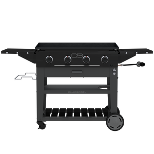 Black Char-Broil gas grill with four burners and side shelves.