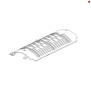 Curved metal vent cover with slotted openings and mounting tabs, designed for airflow and protection.