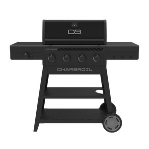 Black Char-Broil Performance gas grill with four burners and wheels.