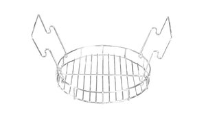 Stainless steel round grill basket with handles and hooks.