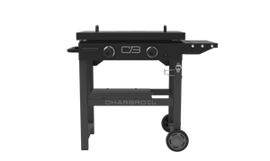 Black CB portable gas grill with wheels and side shelf.